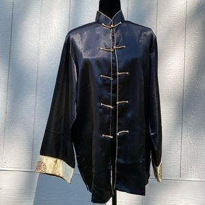 Traditional Asian Chinese Silk like Button Up Top Blouse Kimono Pockets Black
